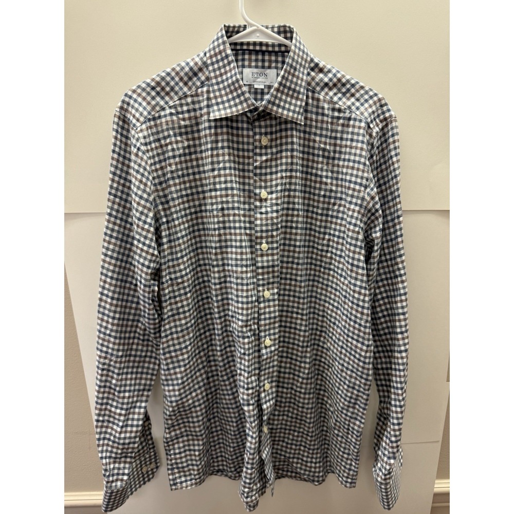Eton Contemporary Fit Dress Shirt 16.5 42 L Blue Navy Brown Tattersall Check